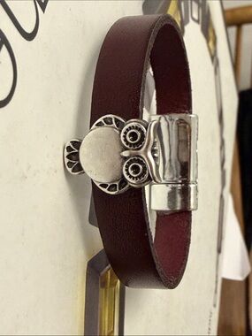 Brown Leather Bracelet with Silver Owl Accent